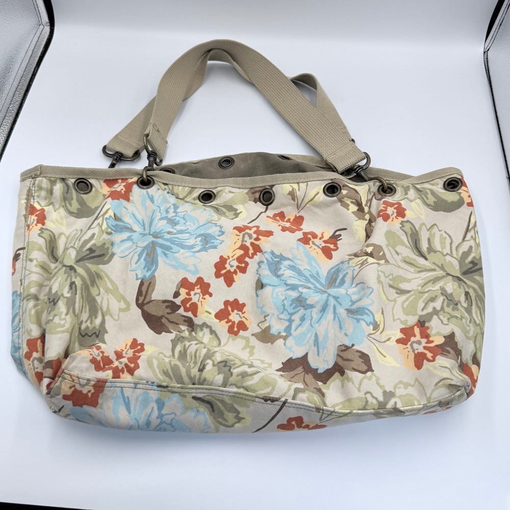 Vintage Eddie Bauer Floral Canvas Shoulder Bag Tan Blue Earthy Tote